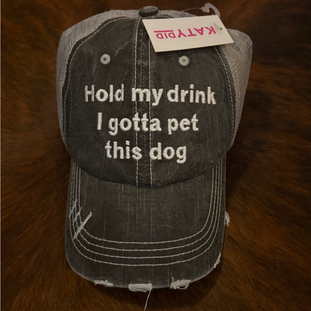 Distressed Gray Dog Lover Baseball Cap - "Hold my drink I gotta pet this dog"